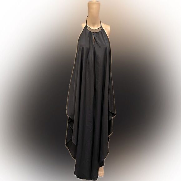 NWT Monaco Blk Maxi Chiffon Halter high low Dress Gold Metal Necklace SZ L - Picture 1 of 8